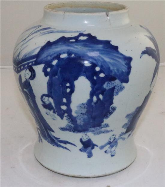 A Chinese blue and white jar, Kangxi period, 23cm, rim chip and cracks